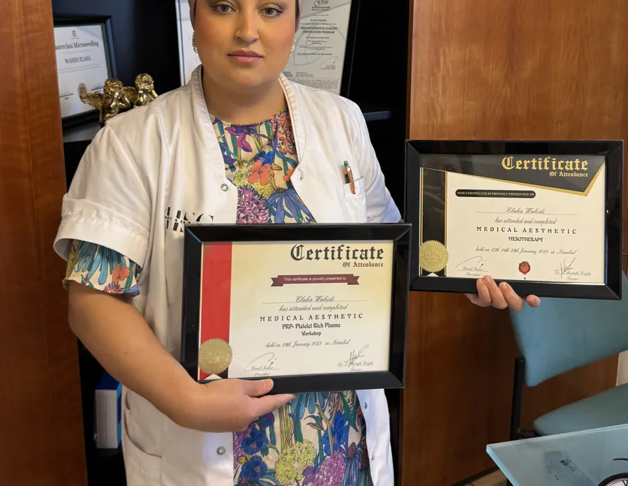Certificaten PRP-workshop en mesotherapie op naam van Elaha Wahidi